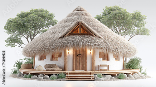 Modern tropical villa with sloped roof and open veranda