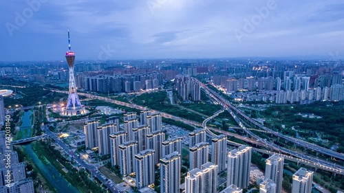 Zhengzhou China City Skyline Aerial View at Dusk with Modern Buildings and Highway Infrastructure