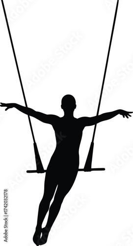 Trapeze artist silhouette performing on a swing, circus aerial acrobat vector