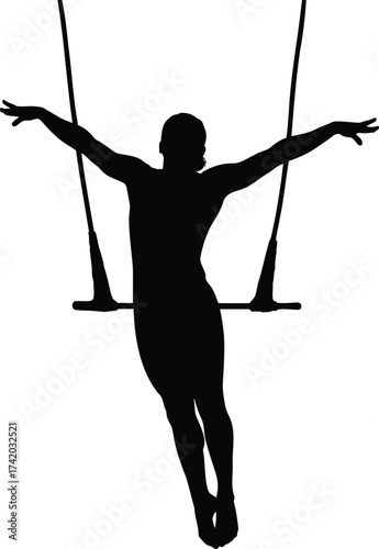 Graceful trapeze artist on a swing, circus aerialist performer silhouette vector