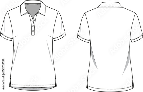 Short sleeve polo shirt technical flat sketch, four button placket, classic collar, tailored fit, front and back view, vector fashion CAD illustration