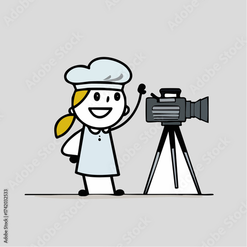 Behind the Lens: A culinary enthusiast, camera-ready, poised to record a cooking session, infusing creative passion into the art of food photography, against a neutral backdrop.