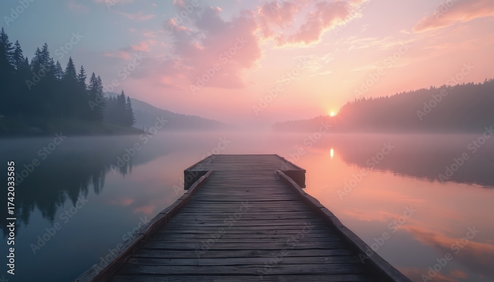 Fototapeta premium Wooden pier on calm lake at dawn with pink sky and mist rising from water. Pine forest on distant shore creates serene landscape backdrop. Peaceful morning view.