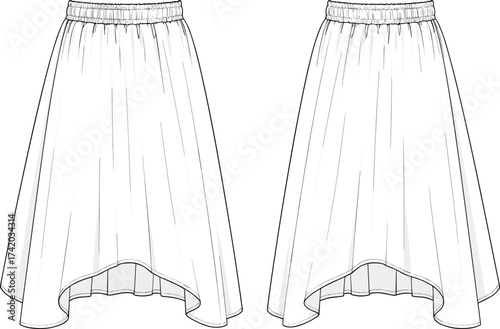 High low skirt technical flat sketch, elastic waistband, asymmetrical hemline, flowing drape, front and back view, vector fashion CAD illustration