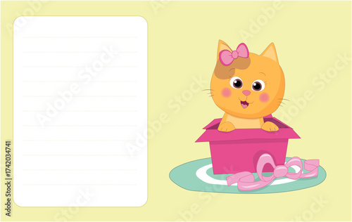 Cute cartoon kitten with a pink bow peeks out of a gift box on a teal mat, surrounded by soft pastel colors and a pink label frame, perfect for a girl’s greeting card design.