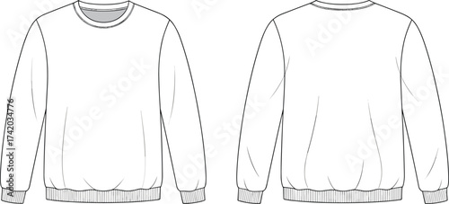 Long sleeve crewneck sweatshirt technical flat sketch, front and back view, ribbed cuffs, ribbed hem, vector fashion CAD drawing illustration