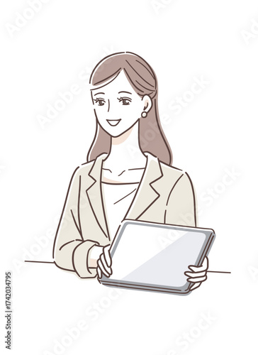 タブレットを使って案内をする笑顔のビジネスウーマンのイラスト素材