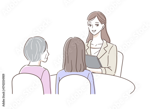 窓口で相談をする親子と担当者の女性のイラスト素材