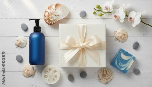 Flat lay composition with spa gift box, blue lotion bottle, seashells, and white orchids on a wooden background.spa and wellness setting