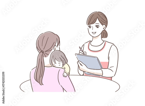 保育士の女性に相談をする赤ちゃんを抱いた母親のイラスト素材