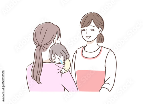 母親から離れるのを嫌がる子供と笑顔の保育士のイラスト素材