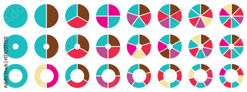 Set of colorful pie charts. Colorful pie charts with varying segments. Circle section graph. Pie chart set. Pie charts diagrams. Different color circles. donut and pie chart infographic elements set.