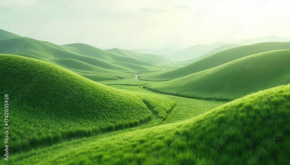 Fototapeta premium Green hills with lush grass, rolling landscape. Serene scenery, natural terrain. Earthy environment, environmentally friendly. Outdoor scenery, grassy hillside. Natural landscape, 3D rendering.