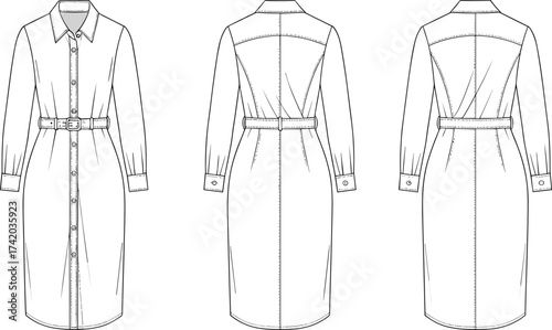 Long sleeve belted shirt dress technical flat sketch, button down collar fashion template, tailored apparel vector design, CAD clothing flat vector illustration