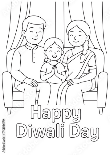 Coloring book happy family sitting on sofa together Happy Diwali Day