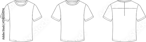 Short sleeve t‑shirt technical flat sketch, fashion apparel vector template, crew neck design, casual clothing construction, CAD garment flat vector illustration