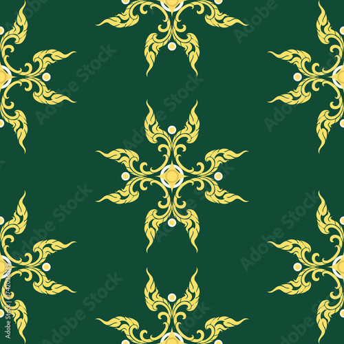 Seamless Thai, Elegant vintage floral pattern on a dark green background, featuring intricate designs and symmetrical motifs in a harmonious layout.