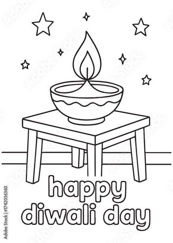 Coloring book diya lamp on wooden table with stars Happy Diwali Day