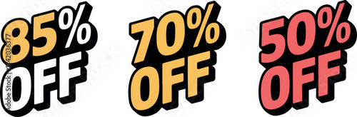 Illustration featuring various discount offers, including 85, 70, and 50 off, each rendered in a bold, cartoonish style with vibrant colors and dynamic outlines