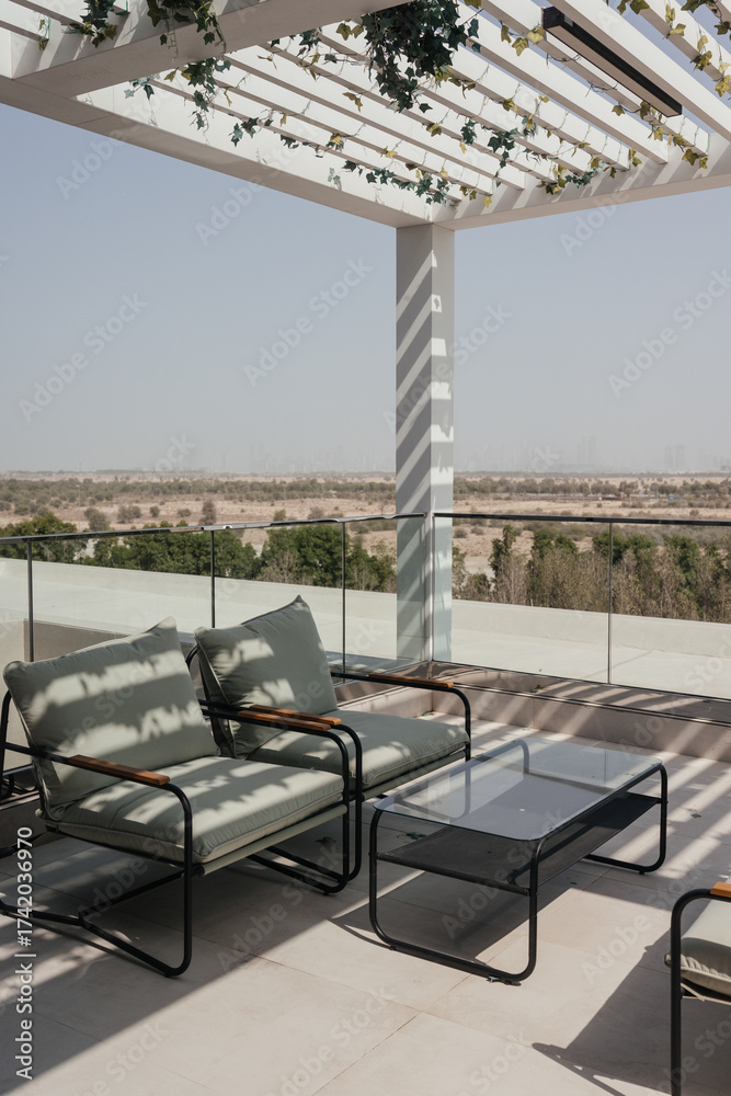 Fototapeta premium balcony exterior with desert view and outdoor furniture in Emirates residence
