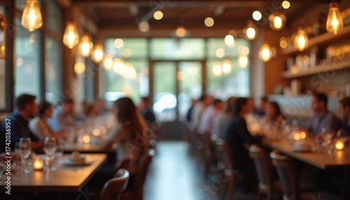 Wallpaper Mural Restaurant interior with people dining at tables. Warm golden light from hanging lamps illuminates the lively social atmosphere. Guests, eat, and enjoy their meals in a cosy setting. Torontodigital.ca