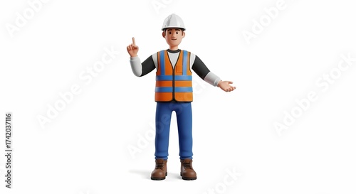 3D Cartoon Construction Worker Character in Safety Vest and Hard Hat Explaining with Gestures for Industrial and Building Projects