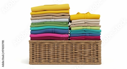 Neatly Folded Stack of Colorful Clothes in a Wicker Basket Laundry and Organization Concept