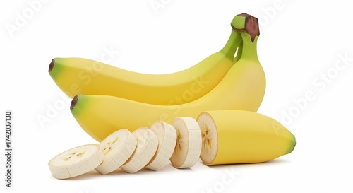 Fresh Ripe Bananas Whole and Sliced Isolated on White Background Healthy Food Photography
