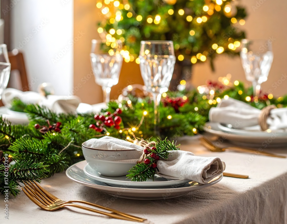Fototapeta premium A Christmas dinner table setting with festive decorations and lights
