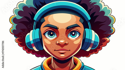 Close-up vector portrait of an Afro boy with headphones, vibrant expression, clean white background, semi-realistic shading, symbolizing music, creativity, and youthful modern energy in a minimalist 