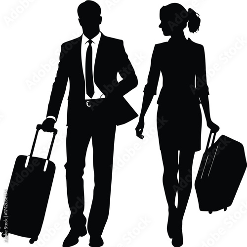 Crowd of people tourists. People with suitcases bags and backpacks. Migration of people. Vector silhouette isolated set