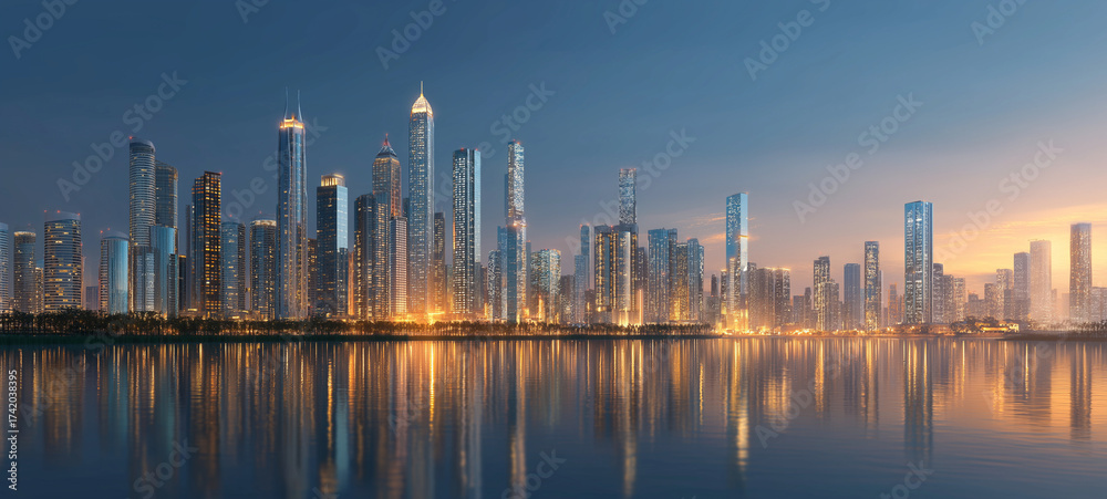Fototapeta premium Cityscape Serenity: A mesmerizing vista of a modern city skyline at dusk, the towering structures reflecting in the tranquil water below, creating a serene and inspiring atmosphere.
