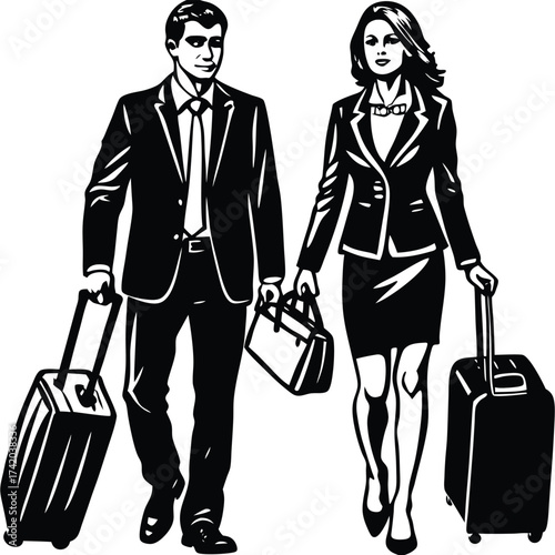 Crowd of people tourists. People with suitcases bags and backpacks. Migration of people. Vector silhouette isolated set