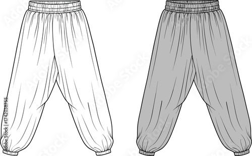 Jogger pants technical flat sketch, fashion apparel vector template, elastic waistband trousers, casual sportswear design, CAD drawing flat vector illustration