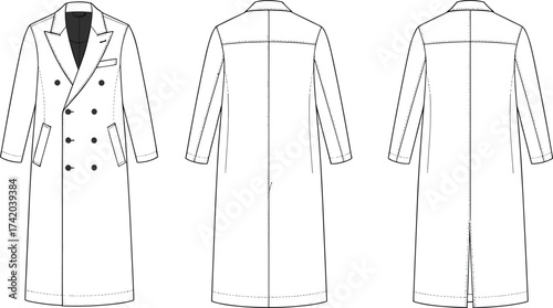 Double breasted overcoat flat sketch, fashion CAD technical drawing, vector apparel template with notched lapel, welt pockets, structured silhouette illustration