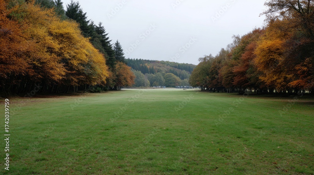 Obraz premium Scenic view of a peaceful green field bordered by autumn trees in a tranquil natural setting