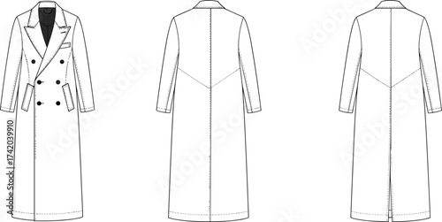 Double breasted overcoat flat sketch, fashion CAD technical drawing, vector apparel template with wide lapel, flap pockets, center vent illustration
