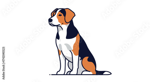 Tranquil canine companion illustration featuring a seated, attentively posed beagle-like dog with classic tri-color markings, creating an endearing