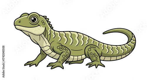 Cartoon illustration showcasing a cute green lizard reptile with distinctive patterns and features detailed in a visually appealing style
