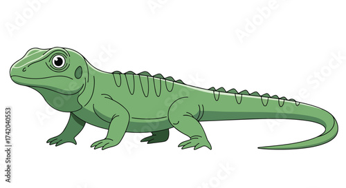 Cartoon depiction of a green iguana standing against a plain background with simplified features and coloring presenting a reptile drawing