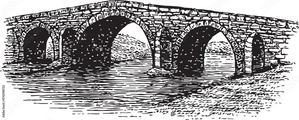 Naklejka premium Vintage Black and White Vector Illustration of a Medieval Bridge with Stone Arches in Engraved Line Art Style