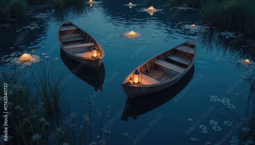 Obraz premium Wooden rowboats float on dark water at night. Lanterns glow on boats, surrounded by floating flowers and reeds. Peaceful, serene atmosphere with calm reflections.