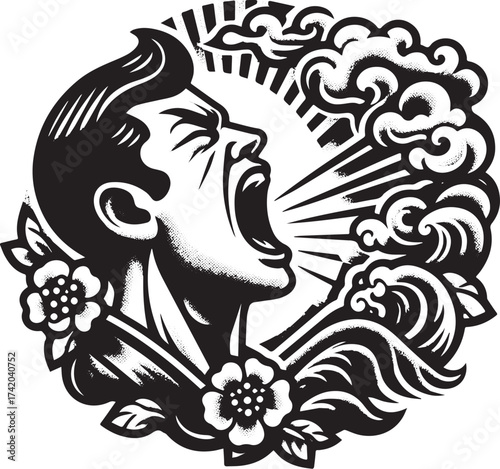 Intense Illustration of a Man Screaming Surrounded by Stylized Floral and Cloud Elements