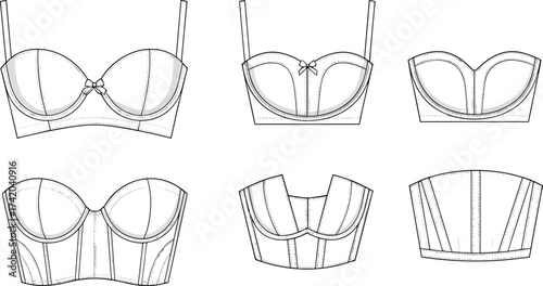 Bra and bustier flat sketch, fashion CAD technical drawing, vector lingerie template with underwire cups, straps, seams, structured panel illustration
