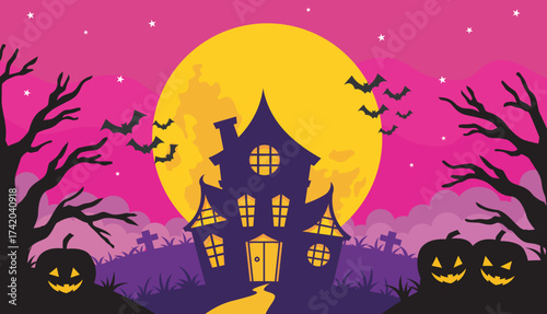 Abandoned haunted house with bare trees, fog, and bats. Halloween scene at night with full moon