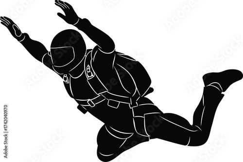 Skydiving parachutist in freefall, extreme sports action silhouette vector
