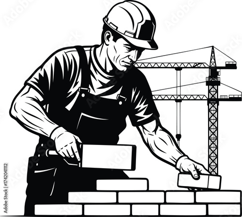 Mason bricklayer worker building a brick wall with cranes in the background, a construction site vector