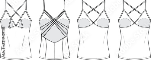 Strappy camisole top flat sketch, fashion CAD technical drawing, vector apparel template with crisscross straps, sheer panel, fitted silhouette illustration