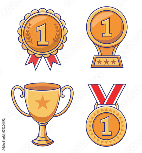 Illustration of various award trophies for the best champions such as medal, badge, emblem, cup, goblet