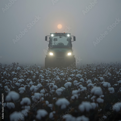 Farm Tractor Amidst Mist: A powerful farm tractor navigates a misty cotton field at dawn, its bright headlights cutting through the ethereal atmosphere.
